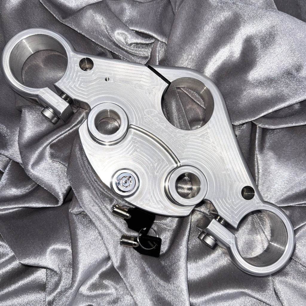 Top triple tree with PUSH FORK LOCK for Geezer Engineering reduced trail and 49mm conversion kits